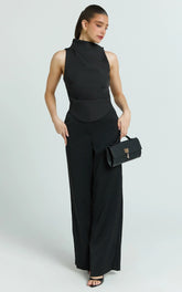Harlene Top - Draped Tucked Neck Sleeveless Top in Black